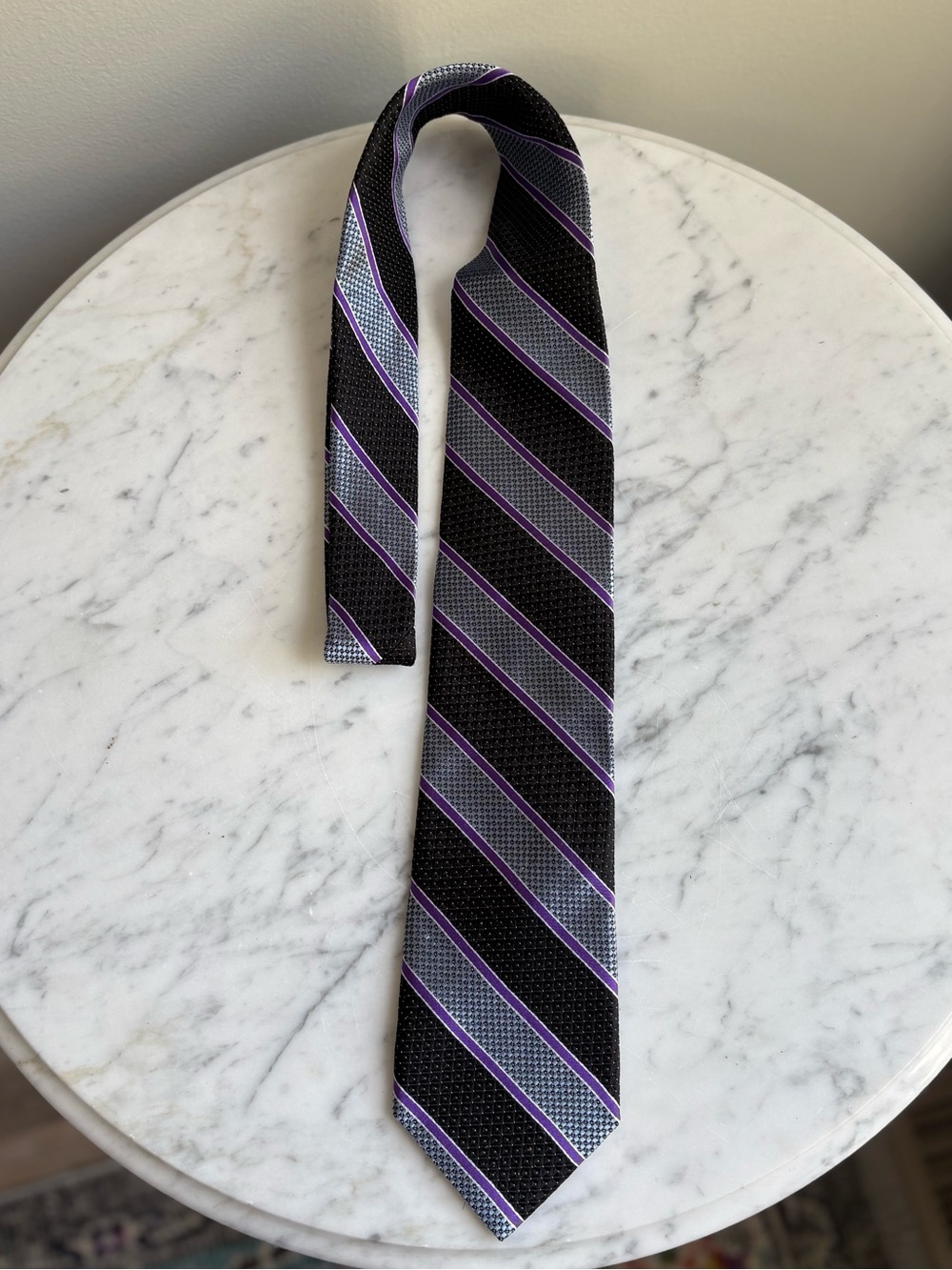Cremieux Silk Tie Black Gray Purple Stripe Handmade USA Necktie